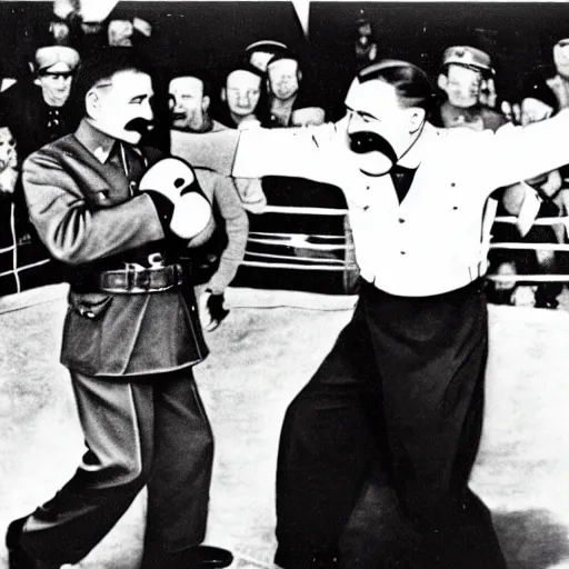 Image similar to stalin and hitler in a boxing ring fighting, in the background is a crowd of people in clown outfits watching.