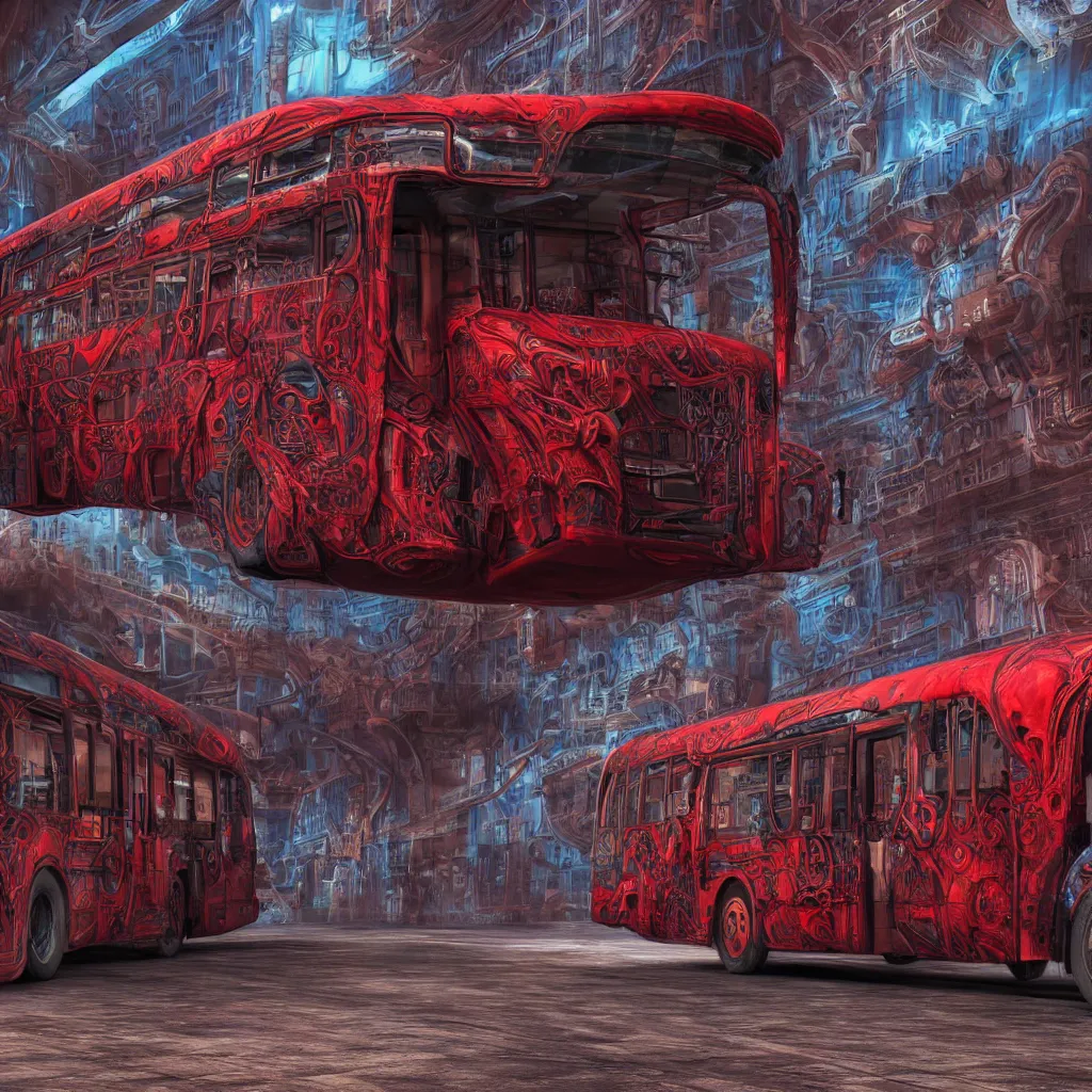 Image similar to mythical red organic biomechanical london bus. futuristic. blue blurry background. highly detailed, intricate steampunk ornate, poetic, 3 d render, digital art, octane render, 8 k artistic photography, photorealistic.