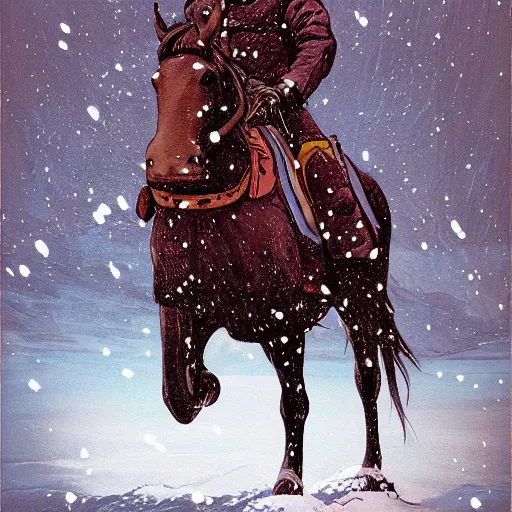 Prompt: a painting of a person on a horse in the snow, poster art by otomo katsuhiro, cgsociety, nuclear art, reimagined by industrial light and magic, official art, poster art