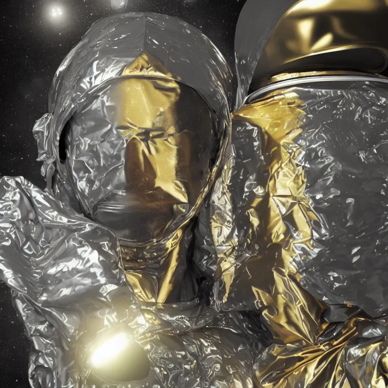 Prompt: octane render portrait by wayne barlow and carlo crivelli and glenn fabry, subject is a woman covered in folded aluminum foil space suit with a colorful metallic space helmet, floating inside a futuristic black and gold space station, cinema 4 d, ray traced lighting, very short depth of field, bokeh