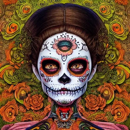 Prompt: beautiful portrait painted in jacek yerka and aykut aydogdu style drawn by sasha bom and takato yamamoto, inspired by dia de los muertos, intricate acrylic gouache painting, high detail, sharp high detail, artstation, manga and anime