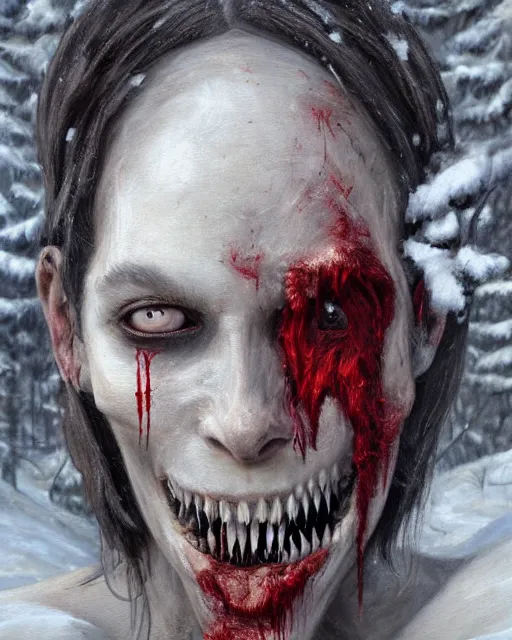 Image similar to Horrifying detailed painting of a pale, emaciated humanoid creature. It has sharp teeth and claws with pale milky eyes; snow, woods, blood; dark cinematic lighting, hyper detailed, moody; painted by Greg Rukowtski, trending on Artstation