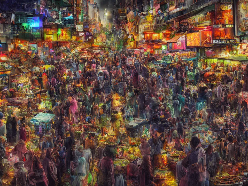 Prompt: hyperrealistic matte painting, a solemn night, defied by spirit, pulse, and flow, the vibrant echoes of the market, drifters, traders, collectors, and travelers, within radiate connection, forming an oasis of vivid lights within the shallow city, dark, vibrant people, vivid color, crowded people, huts, stores, close up, artistic style, eye level shot, cyberpunk style, by John Salminen and Carl Gustaf Hellqvist