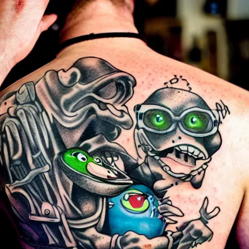 Image similar to Laughing caveman tattooing Crazy Frog on the back of a biker