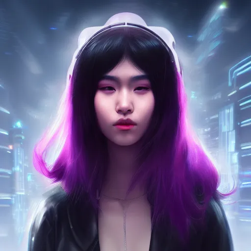 Prompt: Close up portrait of a young Asian Cyberpunk woman with dark purple hair wearing a visor, hyperdetailed, artstation, cgsociety, 8k