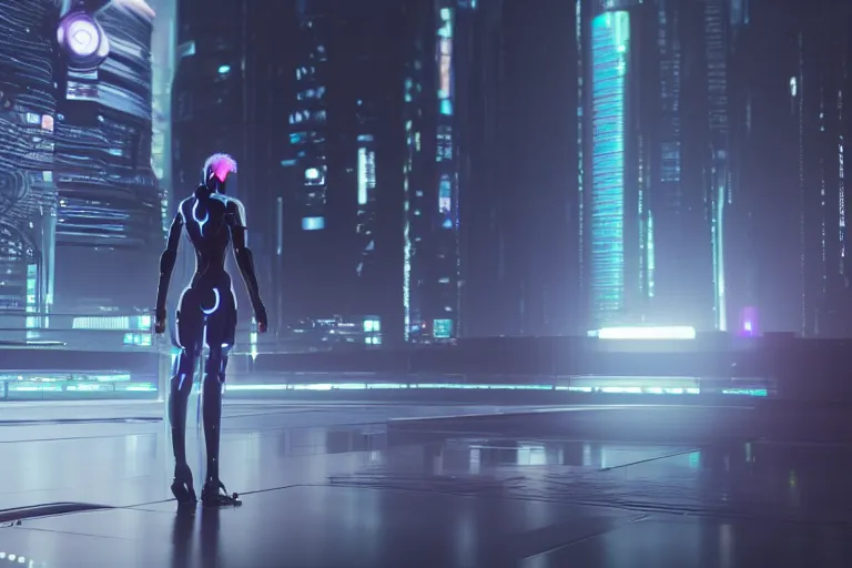 Image similar to cyberpunk ghost in the shell concept inspired android, futuristic look, highly detailed body, very powerful, photorealistic camera shot, bright studio setting, studio lighting, crisp quality and light reflections, unreal engine 5 quality render