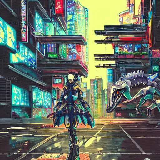 Image similar to hyper-detailed full colour painted anime illustration of a cyberpunk robot mecha dinosaur standing at a ghetto street corner wry graffiti in the background, night, city, dark