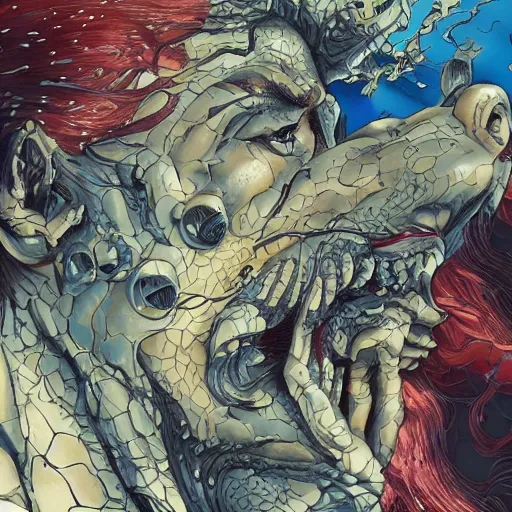 Image similar to closeup of face melting and tongues, by yoichi hatakenaka, masamune shirow, josan gonzales and dan mumford, ayami kojima, takato yamamoto, karol bak