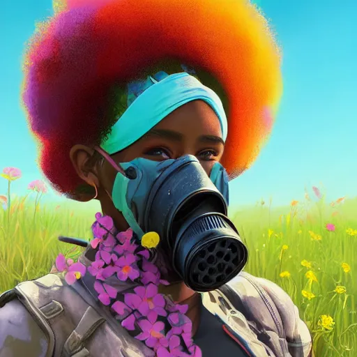 Prompt: a young black girl with colorful afro puffs wearing a gas mask in a field of flowers, Apex Legends character, digital illustration portrait design, by amanda sage and adi granov, retrowave color scheme, detailed, cinematic lighting, wide angle action dynamic portrait