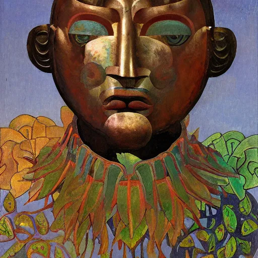 Prompt: head of a beautiful boy wearing a mask made of metal flowers, by diego rivera and john watkiss, art deco shaman, stylized flowers, art brut, symbolist, dramatic lighting, god rays, iridescent beetles, clean crisp graphics, smooth sharp focus, extremely detailed