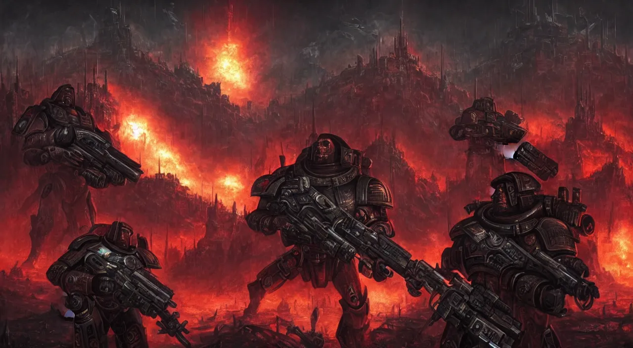 Image similar to Adeptus Astartes shooting in a Hellscape world