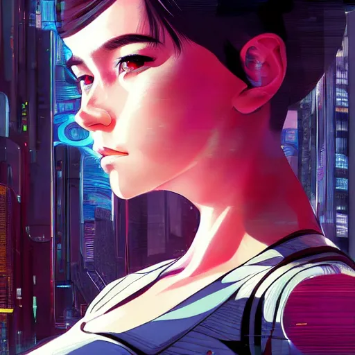 Image similar to A comic potrait of a cyberpunk cyborg girl with big and cute eyes, fine-face, realistic shaded perfect face, fine details. Night setting. Very anime style. Realistic shaded lighting poster by Ilya Kuvshinov katsuhiro, magali villeneuve, artgerm, Jeremy Lipkin and Michael Garmash, Rob Rey and Kentarõ Miura style, trending on art station