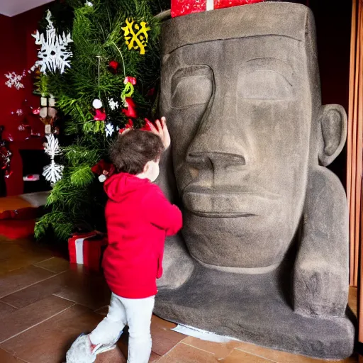 Prompt: a kid at christmas disappointed and sad that his present was a giant moai statue | inside of a house next to a christmas tree