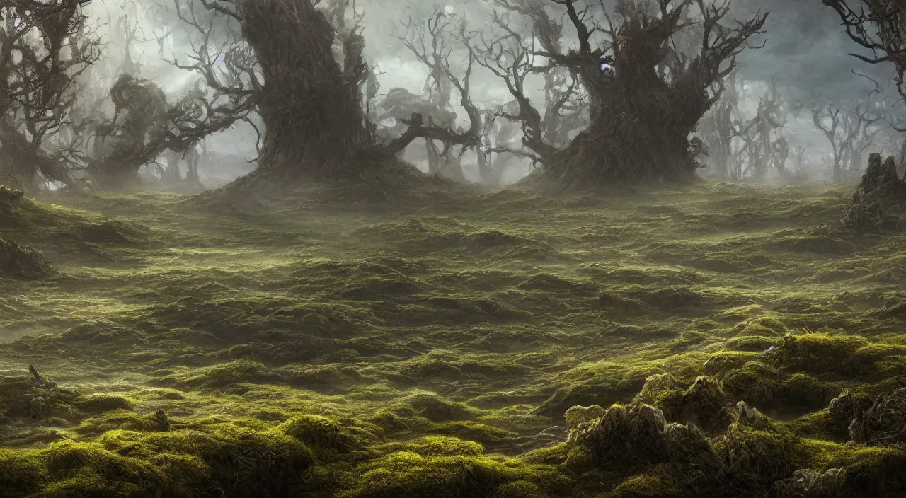 Prompt: Panorama of a desolate land incorporating a giant 65 year-old Gaia covered in moss, crying softly and humbly, sitting on a dried up river, highly-detailed, elegant, dramatic lighting, artstation, 4k, cinematic landscape