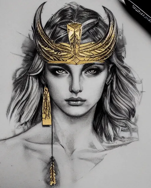 Image similar to tattoo sketch of blonde super model aphrodite greek goddess wearing a gold laurel wreath and triangle earrings, beautiful piercing gaze with sharp pupils, in the style of greg rutkowski, fantasy, amazing detail, epic, elegant, smooth, sharp focus, front view