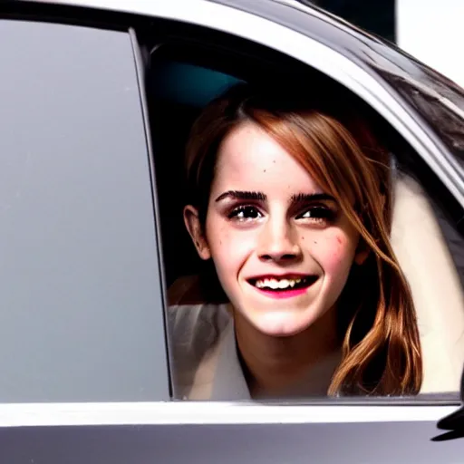 Prompt: emma watson unapologetically grinning from her car window, paparazzi photo, tabloid, perfect clear eyes, movie promo image, 4 k