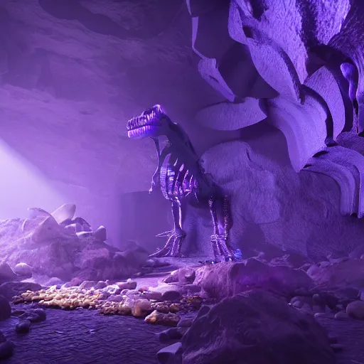 Prompt: full shot of a cave covered in shiny crystals with a dinosaur skeleton on the floor, detailed, unreal engine 4k volumetric light, fog, purple color palette