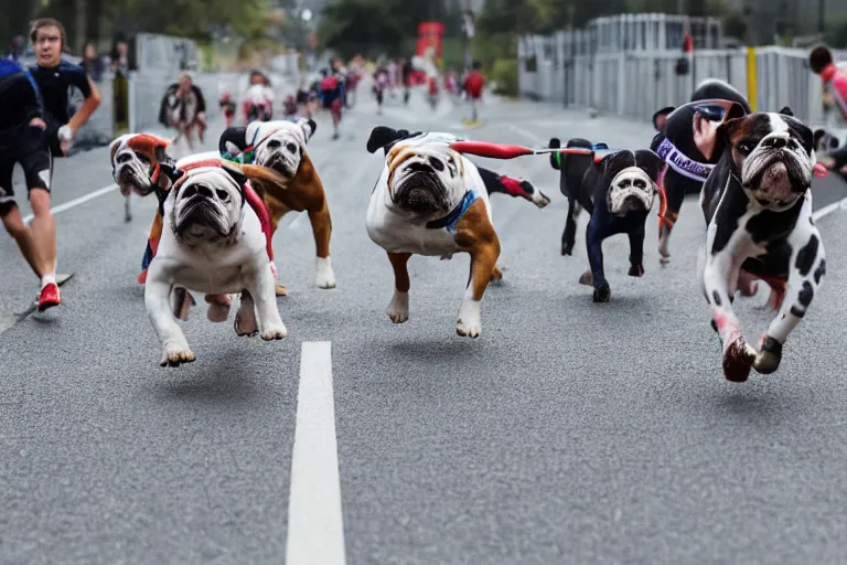 Prompt: bulldogs that are running in a race to cross a finish line