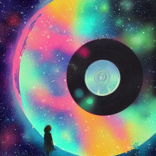 Prompt: a music disc by inio asano, aya takano color style, 4 k, super detailed, night sky, digital art, digital painting, celestial, majestic, colorful