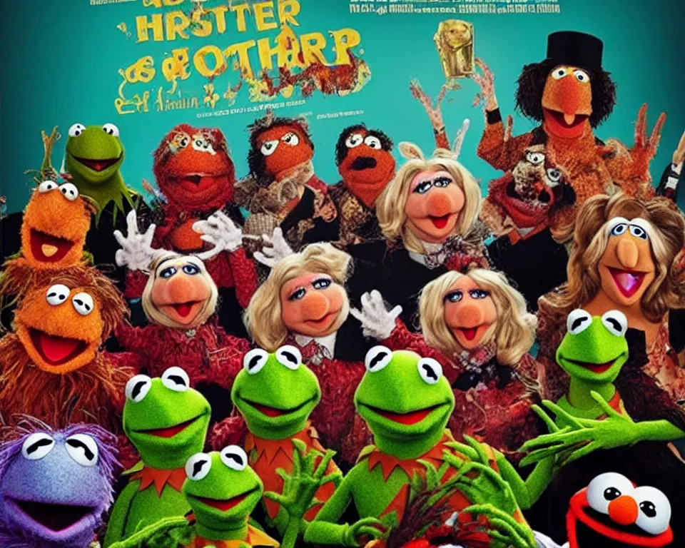 Prompt: A horror movie poster featuring muppets sitting at a dinner table