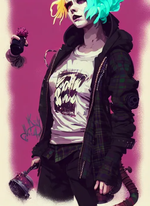 Image similar to highly detailed portrait of a sewer punk lady, tartan hoody, blonde ringlet hair by atey ghailan, by greg rutkowski, by greg tocchini, by james gilleard, by joe fenton, by kaethe butcher, gradient magenta, black, blonde cream and white color scheme, grunge aesthetic!!! ( ( graffiti tag wall background ) )