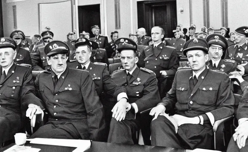 Image similar to 50s movie still of very diverse soviet generals officers marshal and politics head with very detailed faces in a stalinist parlement, by Alexei Guerman, Cinestill 800t 35mm black and white, heavy grainy picture, very detailed, high quality, 4k, HD criterion, precise texture, diverse faces, diverse haircuts, diverse ages, each faces precisely define