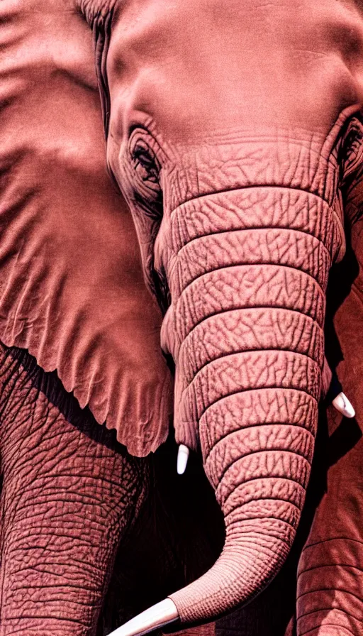 Image similar to A photo of an elephant with pink skin and a piercing in his trunk and his ears, wearing a orange green mohawk and a leather jacket on which a mouse is printed. photograph of a pink elephant, film still, insane detail, Hyperrealism, intricate, highly detailed, Zeiss Lens, DSLR photography, smooth, sharp focus, Unreal Engine 5, Octane Render, Redshift, 8K