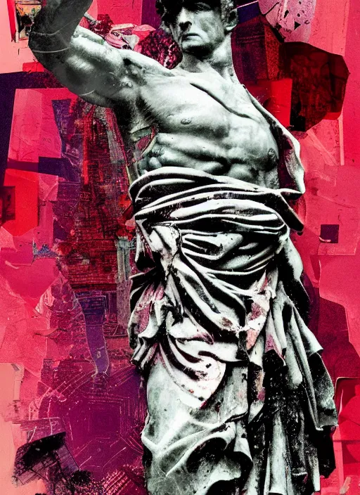 Prompt: design poster showing a statue of julius caesar, black background with very subtle red and purple design elements, powerful, nekro, guido crepax, graphic design, collage art, thin lines, dark, glitch art, neo vaporwave, gritty, layout frame, square, trending on artstation