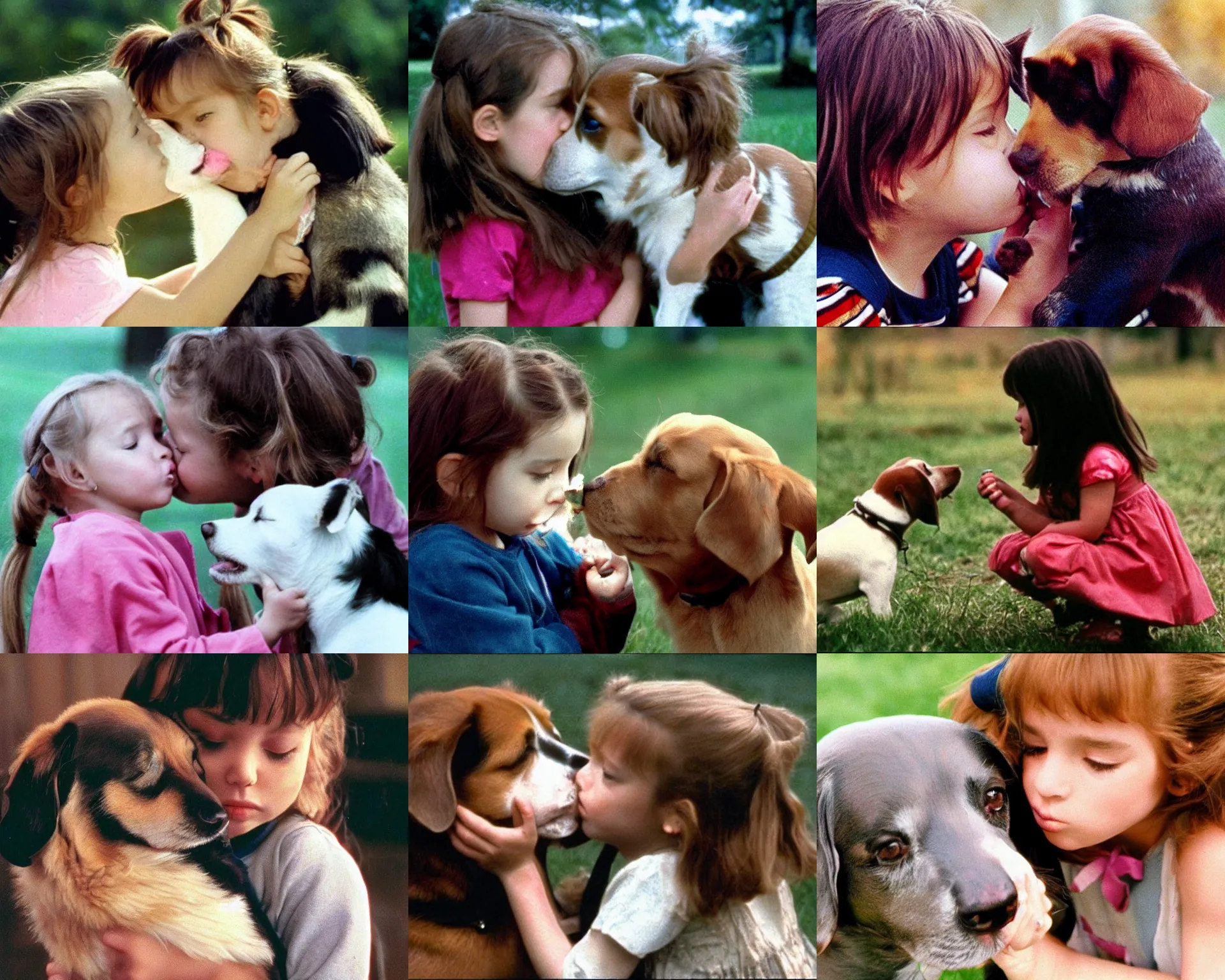 Prompt: color film still, a little girl kissing a dog. ; babe ( 1 9 9 5 )