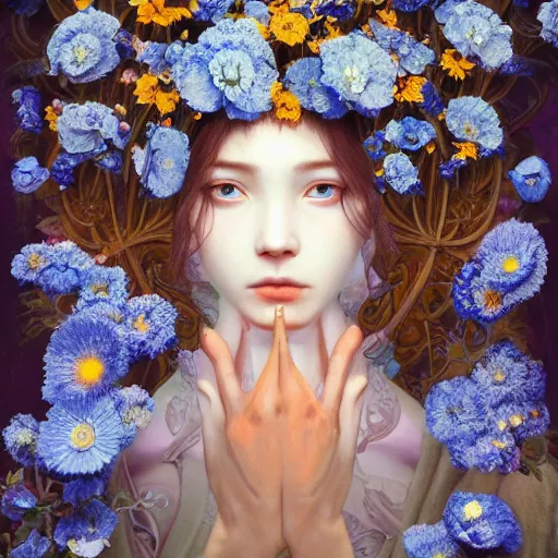 Prompt: breathtaking detailed concept art painting of the goddess of nemophila flowers, orthodox saint, with anxious, piercing eyes, ornate background, amalgamation of leaves and flowers, by Hsiao-Ron Cheng, James jean, Miho Hirano, Hayao Miyazaki, extremely moody lighting, 8K