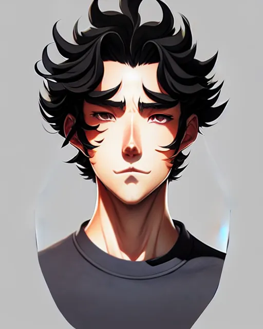 Image similar to guy with midlength black curly hair, portrait shinkai makoto studio ghibli studio key hideaki anno sakimichan stanley artgerm lau rossdraws james jean marc simonetti elegant highly detailed digital painting artstation pixiv