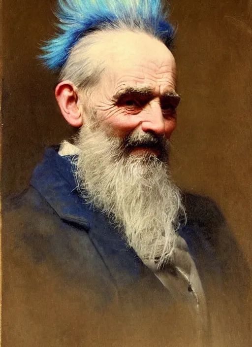 Image similar to a detailed portrait of old man with a extravagant blue mohawk by edouard bisson, punk rock, oil painting, muted colours, soft lighting