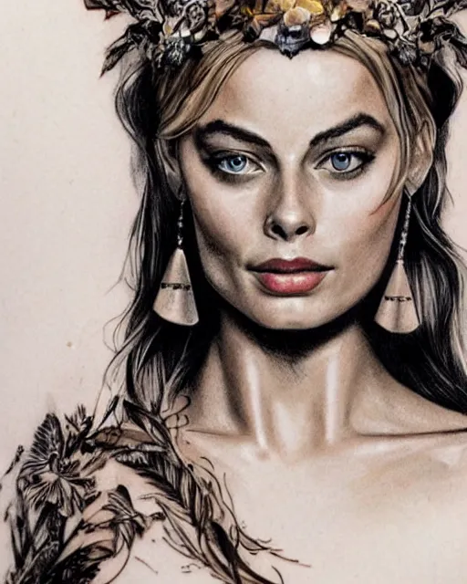 Image similar to realism tattoo sketch of margot robbie as a beautiful greek goddess aphrodite with piercing eyes wearing a laurel wreath and triangle earrings, in the style of greg rutkowski, amazing detail