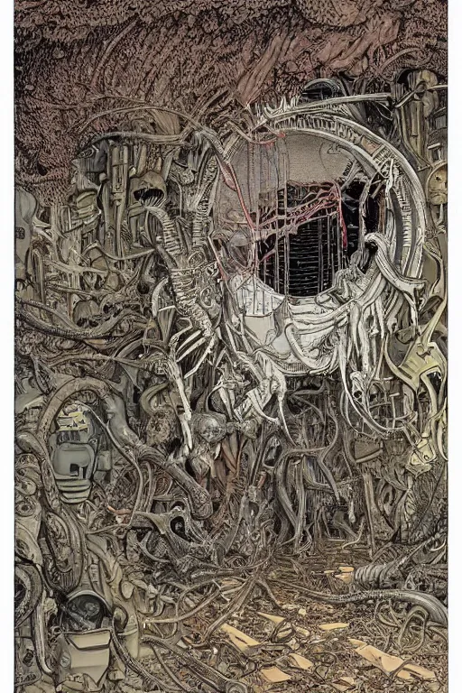 Image similar to a doorway to an impossible nightmare beyond comprehension, very very detailed painting by geof darrow and greg rutowski and hr giger