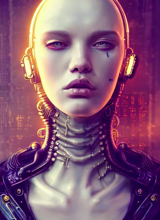 Image similar to soft lustrous hard tech ivory biotech raver gutter punk cyborg bioweapon, golden ratio, details, sci - fi, dark fantasy, cyberpunk, intricate, decadent, ornate, highly detailed, digital painting, octane render, 8 k, artstation, concept art, smooth, sharp focus, illustration, art by artgerm, loish, wlop