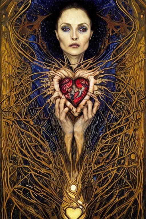 Prompt: Heart of Thorns by Karol Bak, Jean Deville, Gustav Klimt, and Vincent Van Gogh, anatomical heart, sacred heart, Surreality, otherworldly, infernal enigma, Helliquary, fractal structures, celestial, arcane, ornate gilded medieval icon, third eye, spirals, dramatic sharp thorns, rich deep moody colors