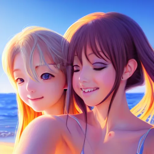 Image similar to beautiful serene intricate very detailed portrait of two anime girls taking a selfie in real life, smiling softly, relaxing on the beach, golden hour, soft focus, 8 k, art by irakli nadar, hyperrealism, hyperdetailed, ultra realistic