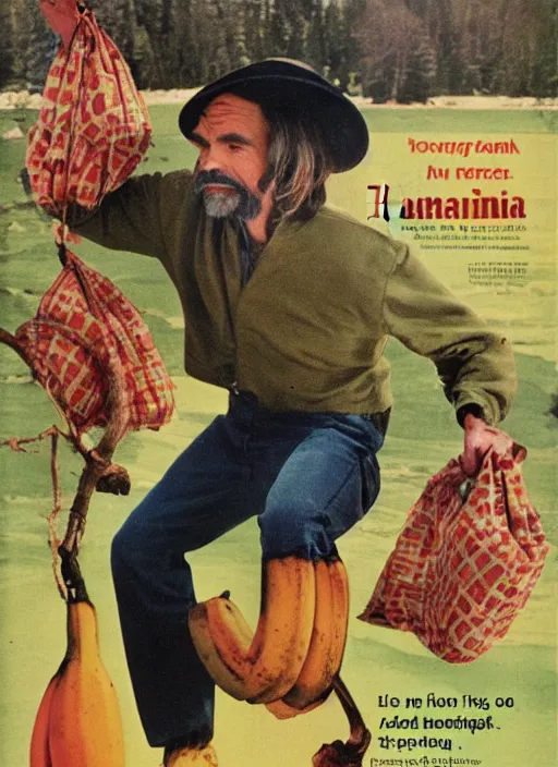 Image similar to vintage l. l bean magazine advertisement depicting charles manson slipping on a banana peel