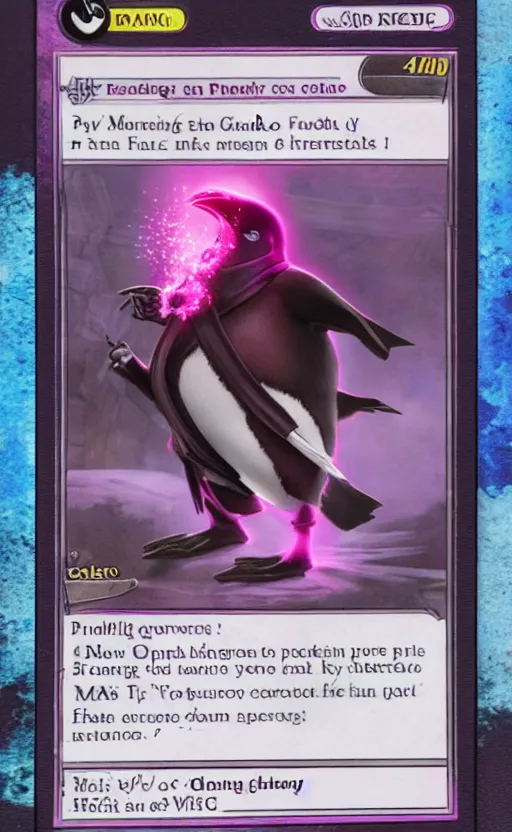 Image similar to mtg card trading, fantasy mtg card of Fat penguin with pink shocks, screenshot,4K HD