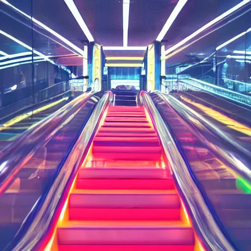 Image similar to a colour Polaroid photo of an illuminated escalator with iridescent Perspex panels in a field, nostalgic