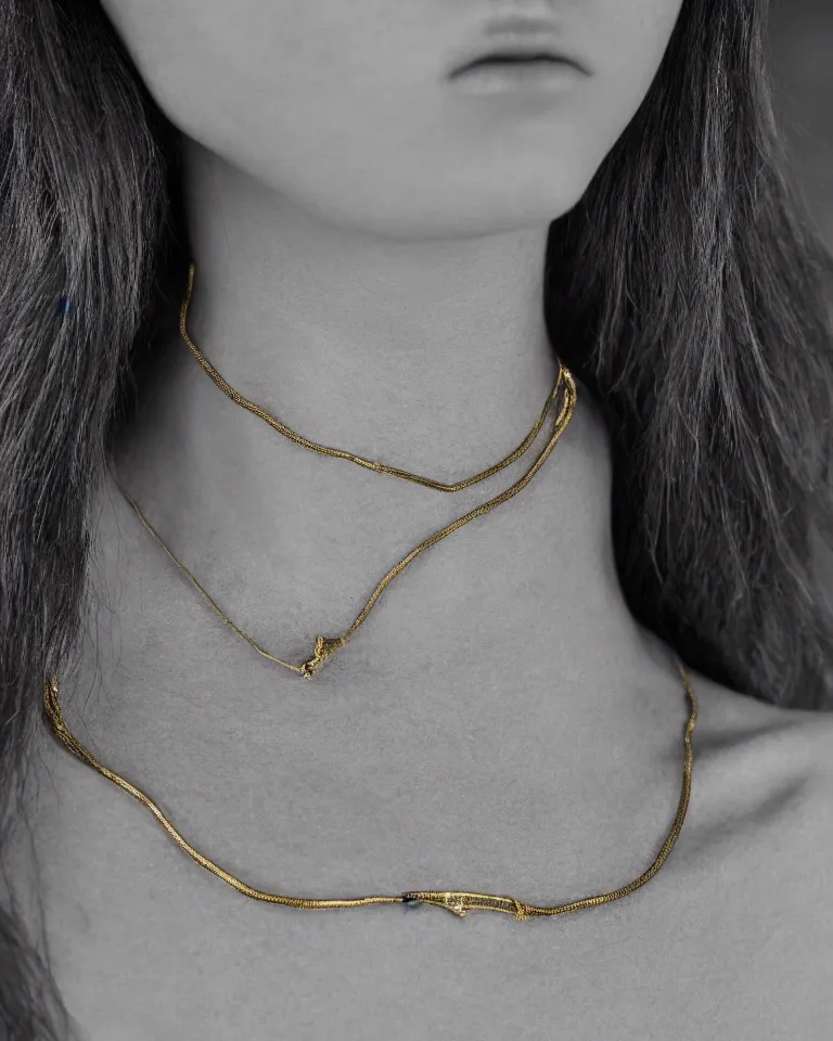 Prompt: super realistic portrait, skin detailed, of a beautiful model with a minimal medium neo tribal necklace in the neck, detail photo, minimal design, made of gold, canon, film camera, photography, digital art, balenciaga