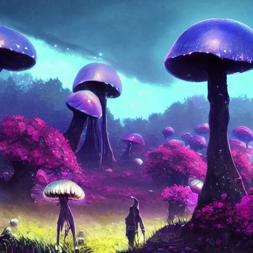 Prompt: concept art painting of a fantasy alien fungal landscape at night, magenta trees, glowing blue mushrooms, dark purple sky, realistic, detailed, cel shaded, in the style of makoto shinkai and greg rutkowski and albert bierstadt and james gurney