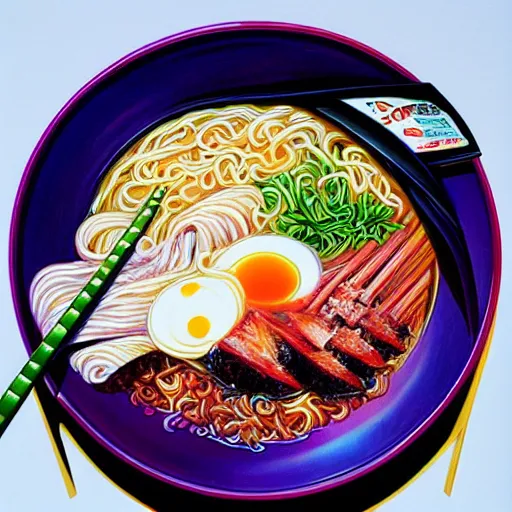 Prompt: a bowl of delicious ramen by hajime sorayama