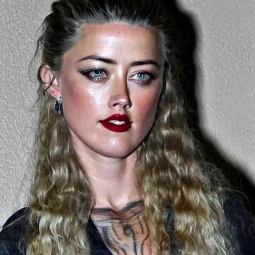 Prompt: a weathered Amber Heard in prison outfit in jail with prison tattoos all over her arms