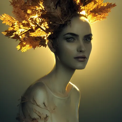 Prompt: a highly detailed digital image of a futuristic elegant woman wrapped with leaves, artstation, extremely detailed woman, stunning volumetric lighting, 4k,