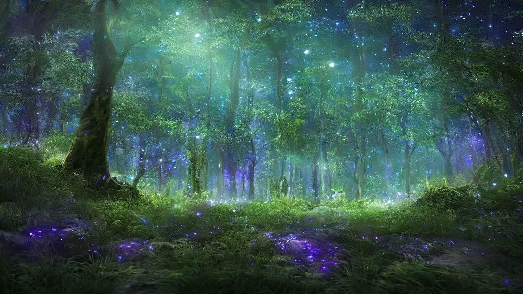 Image similar to beautiful lush ethereal magic mana ireland forest, night sky with dazzling stars, fairies, fireflies, bokeh, octane render, unreal engine, raytracing, crystallized, intricate, hyper detailed, light rays