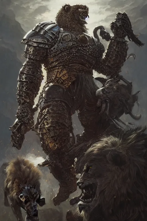 Image similar to ultra realistic illustration,, a hulking knight with a lion cowl, bristling with weapons from doom and warhammer, intricate, elegant, highly detailed, digital painting, artstation, concept art, smooth, sharp focus, illustration, art by artgerm and greg rutkowski and alphonse mucha