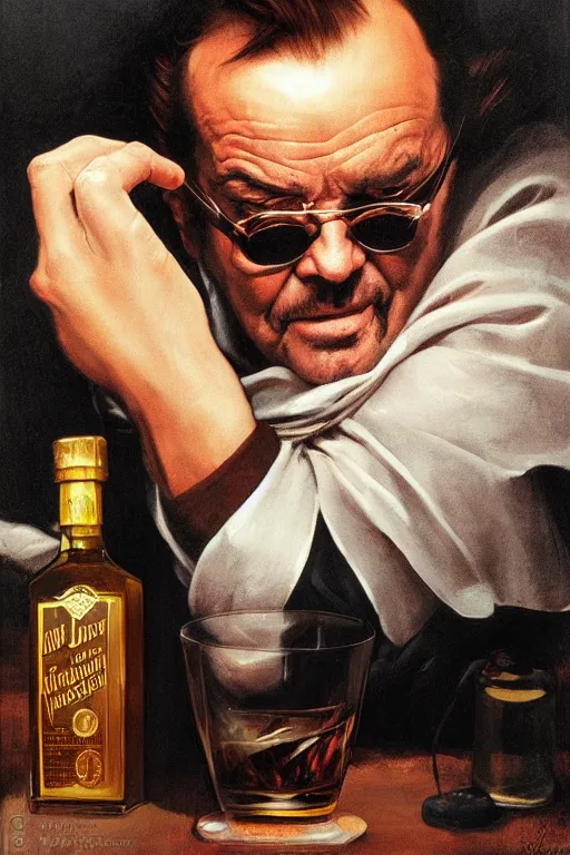 Prompt: a whiskey bottle is jack nicholson, jack nicholson is the bottle, by caravaggio and artgerm and greg rutkowski