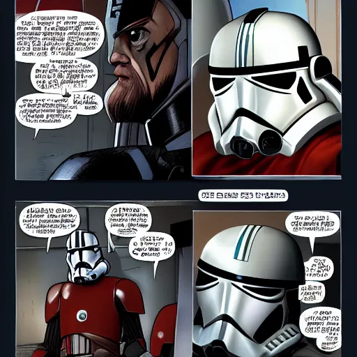 Image similar to clone trooper with his helmet off talking to Obi-Wan Kenobi