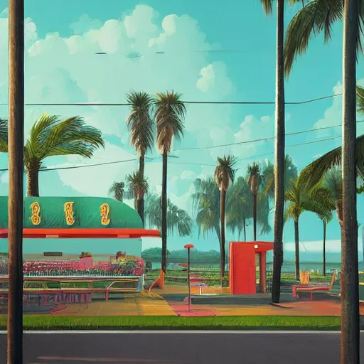 Image similar to inside beachfront fast food restaurant with palm trees by simon stalenhag